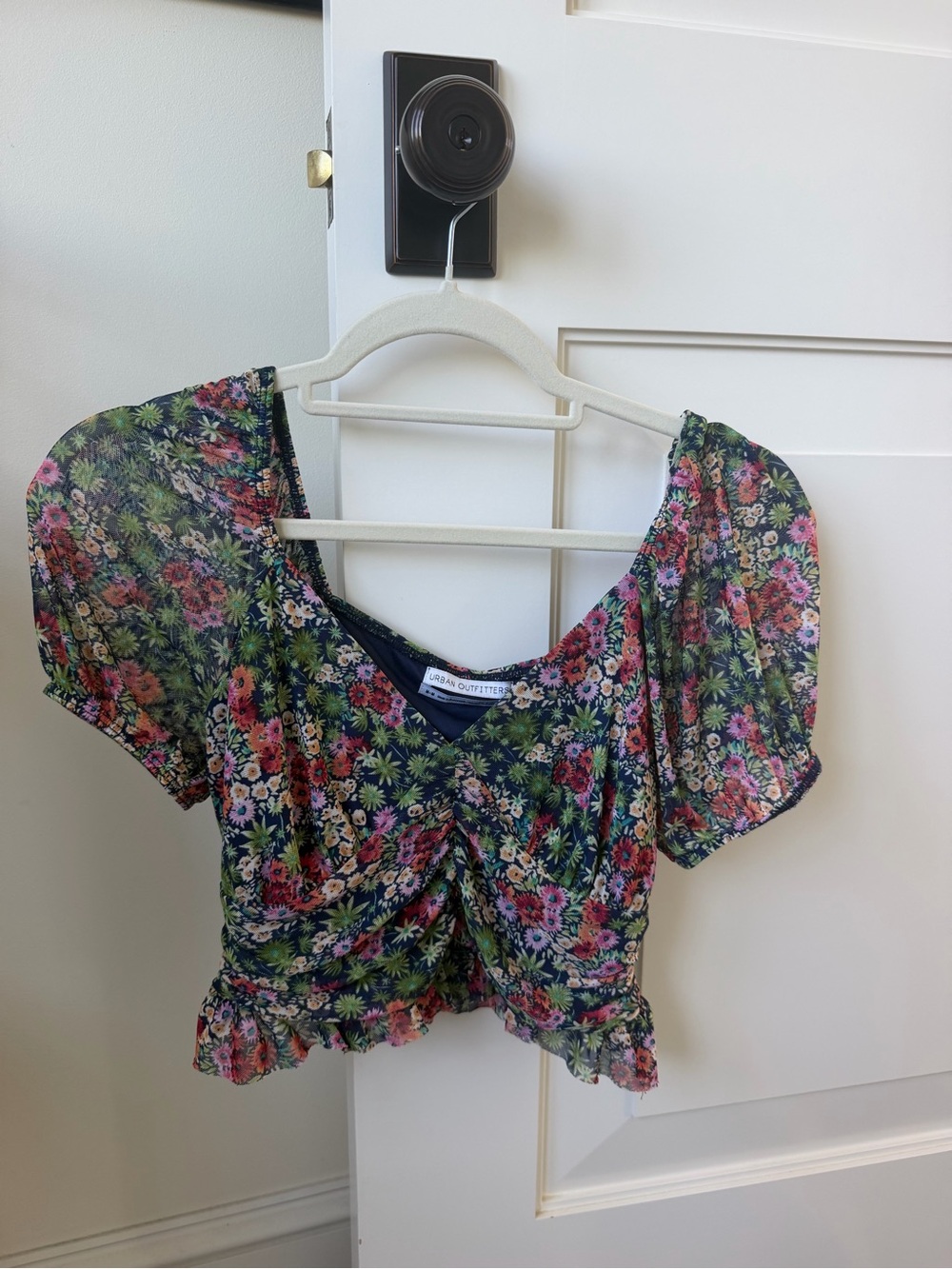 Urban Outfitters Navy Floral Puff-Sleeve Crop Blouse